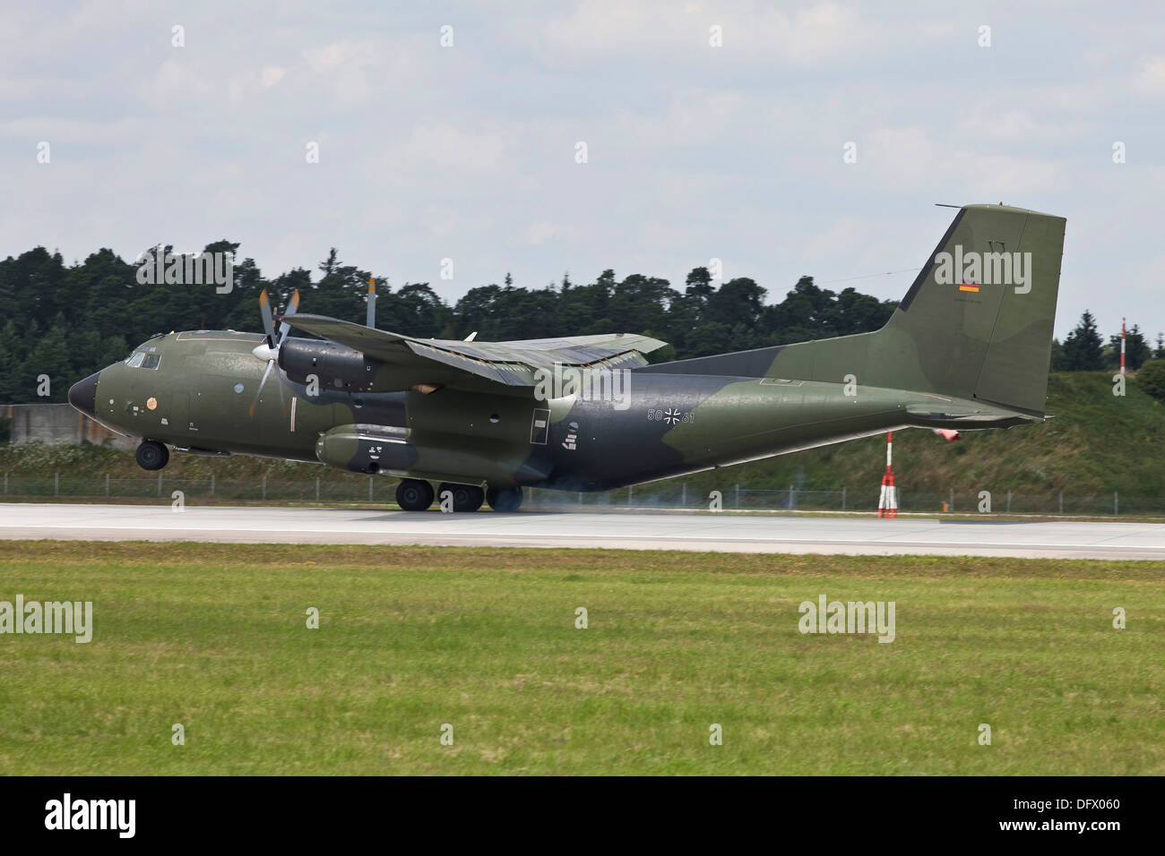 Transall C-160G of the German Air Force touching down on the runway, Manching, Germany. Stock Photo