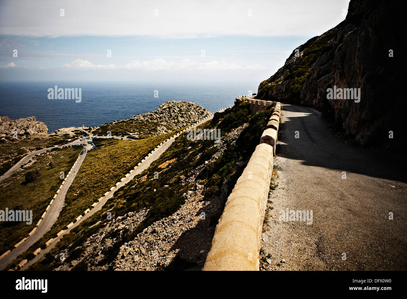 Winding Road with View of Sea Along Coastal Mountain, Mallorca, Spain Stock Photo