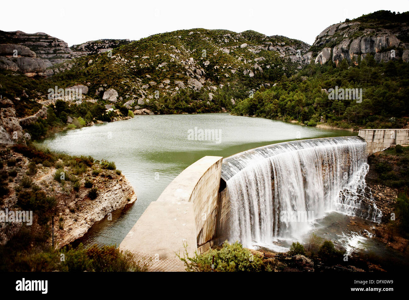 Dam and Waterfall, Margalef, Spain Stock Photo