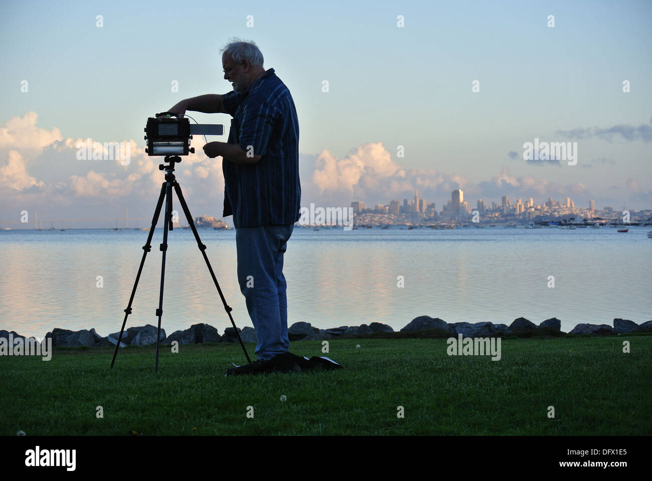 photographer takes panoramic photo of san francisco skyline from Mill Valley Stock Photo