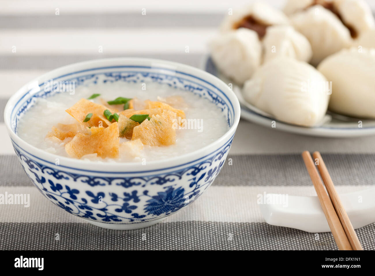 Xifan Rice Chinese food rice porridge and cantonese barbecued pork buns Stock ...