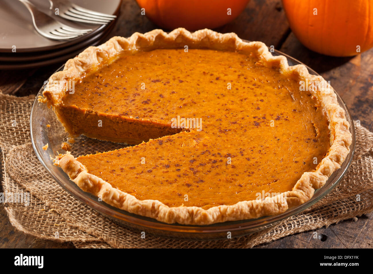 Homemade Delicious Pumpkin Pie made for Thanksgiving Stock Photo