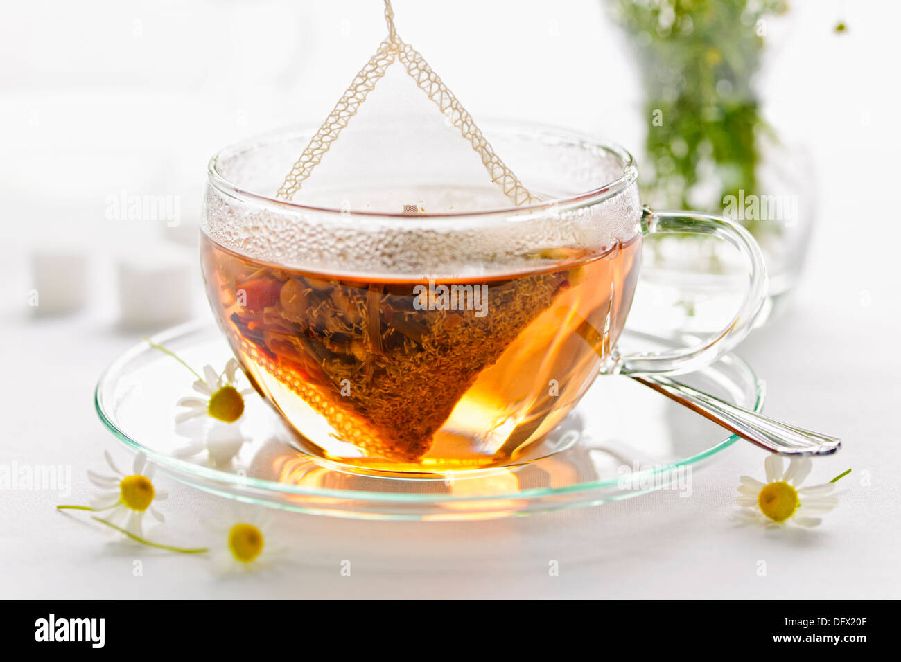 Glass teacup with soothing herbal tea in silk bag Stock Photo