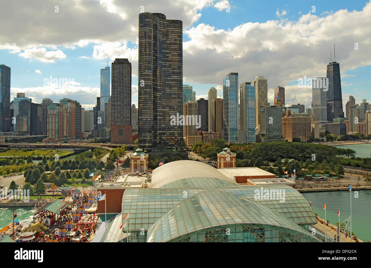 Aerial view of Navy Pier in Chicago, Illinois, with the city skyline in ...