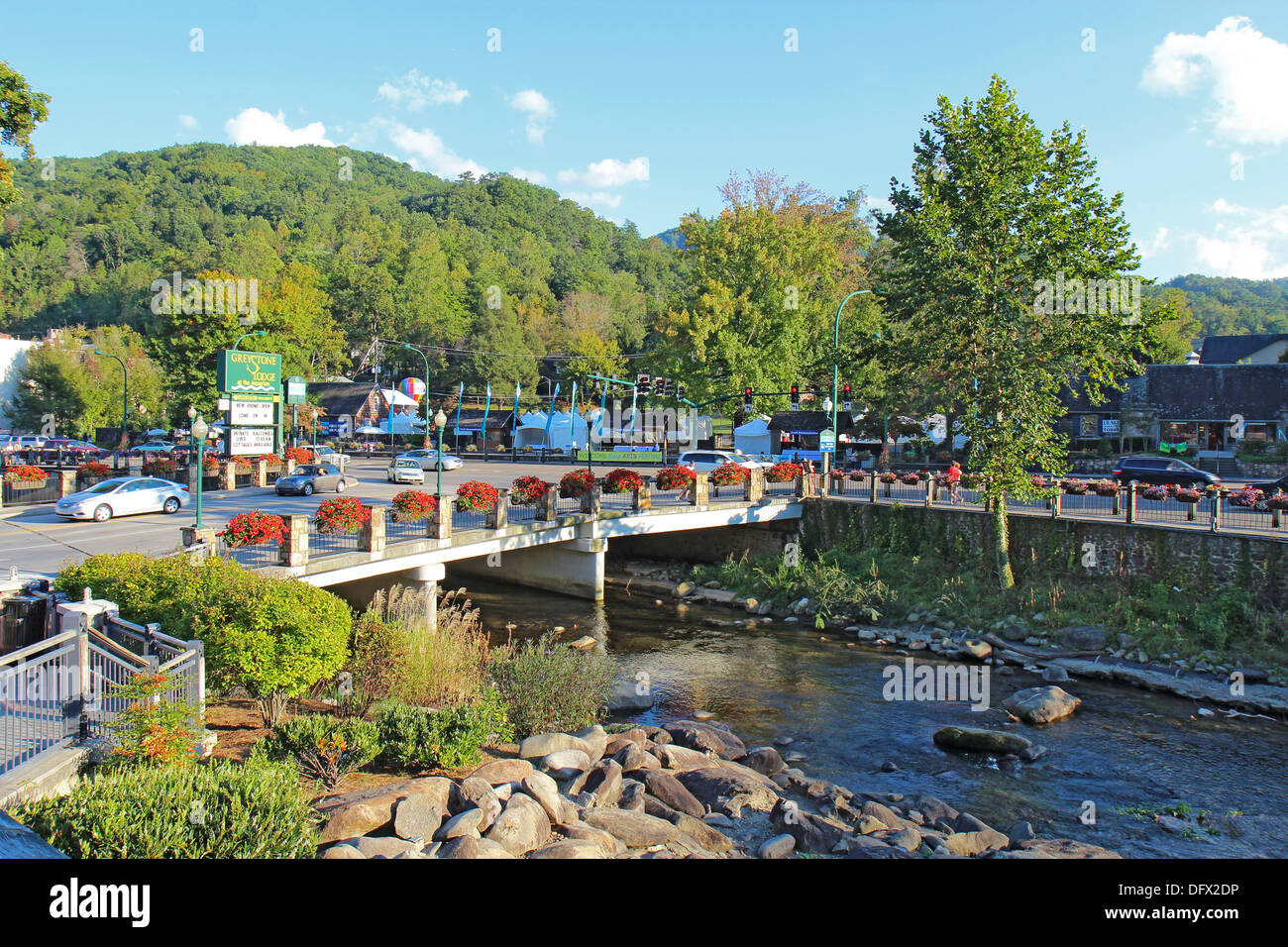 Bridge over the Little Pigeon River in downtown Gatlinburg, Tennessee Stock Photo