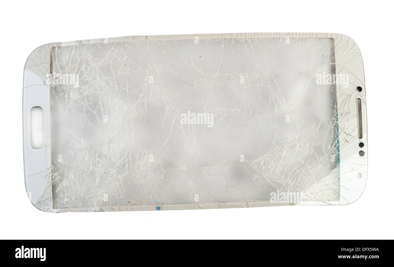 Broken phone glass. White isolated studio shot Stock Photo
