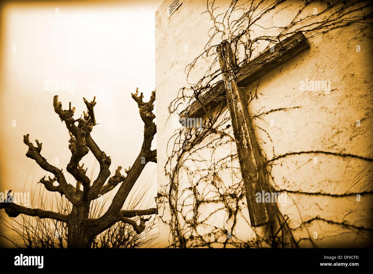 Wooden cross hung on the wall outside the house Stock Photo Alamy