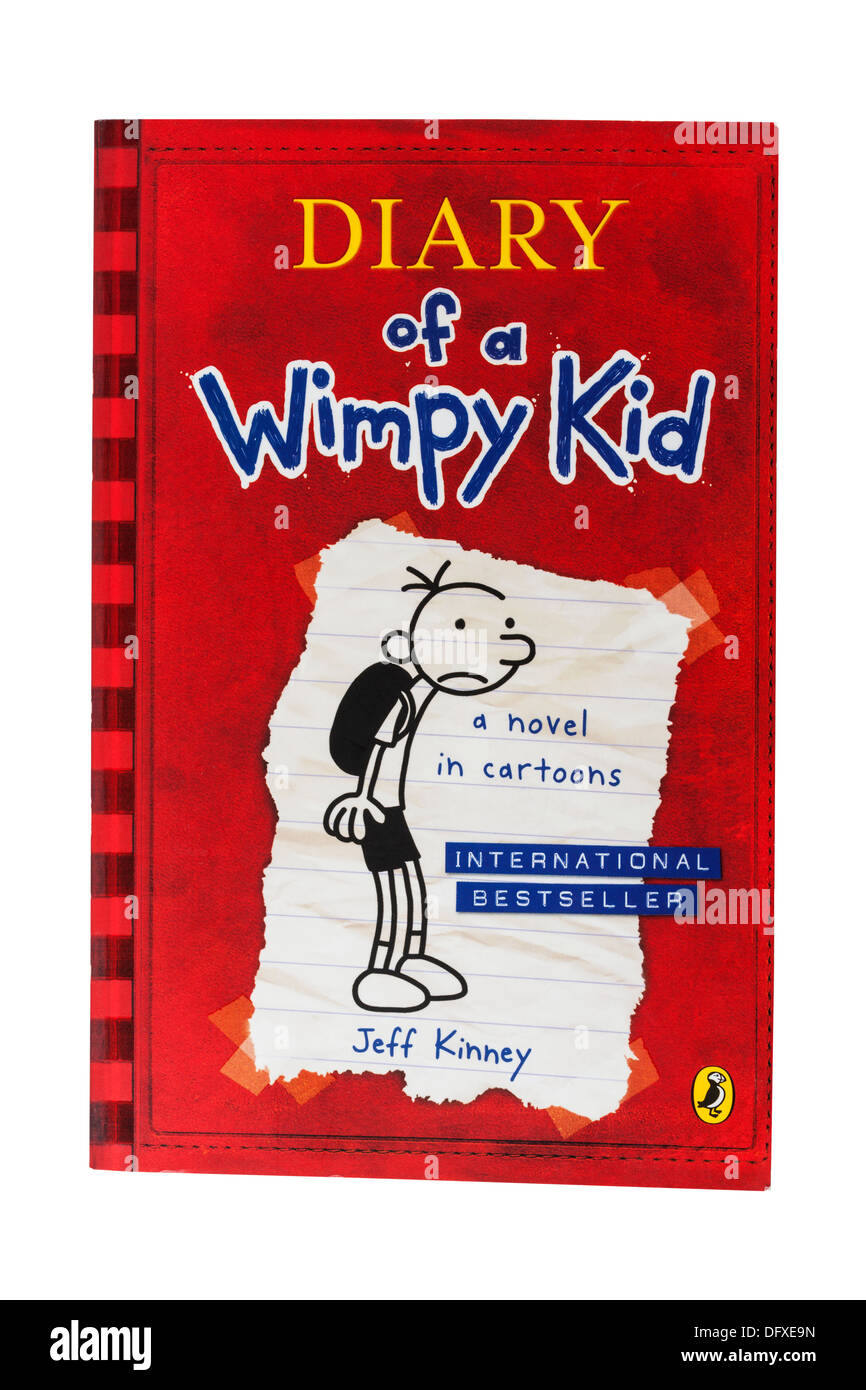 A Jeff kinney childrens book called Diary of a Wimpy Kid on a white background Stock Photo