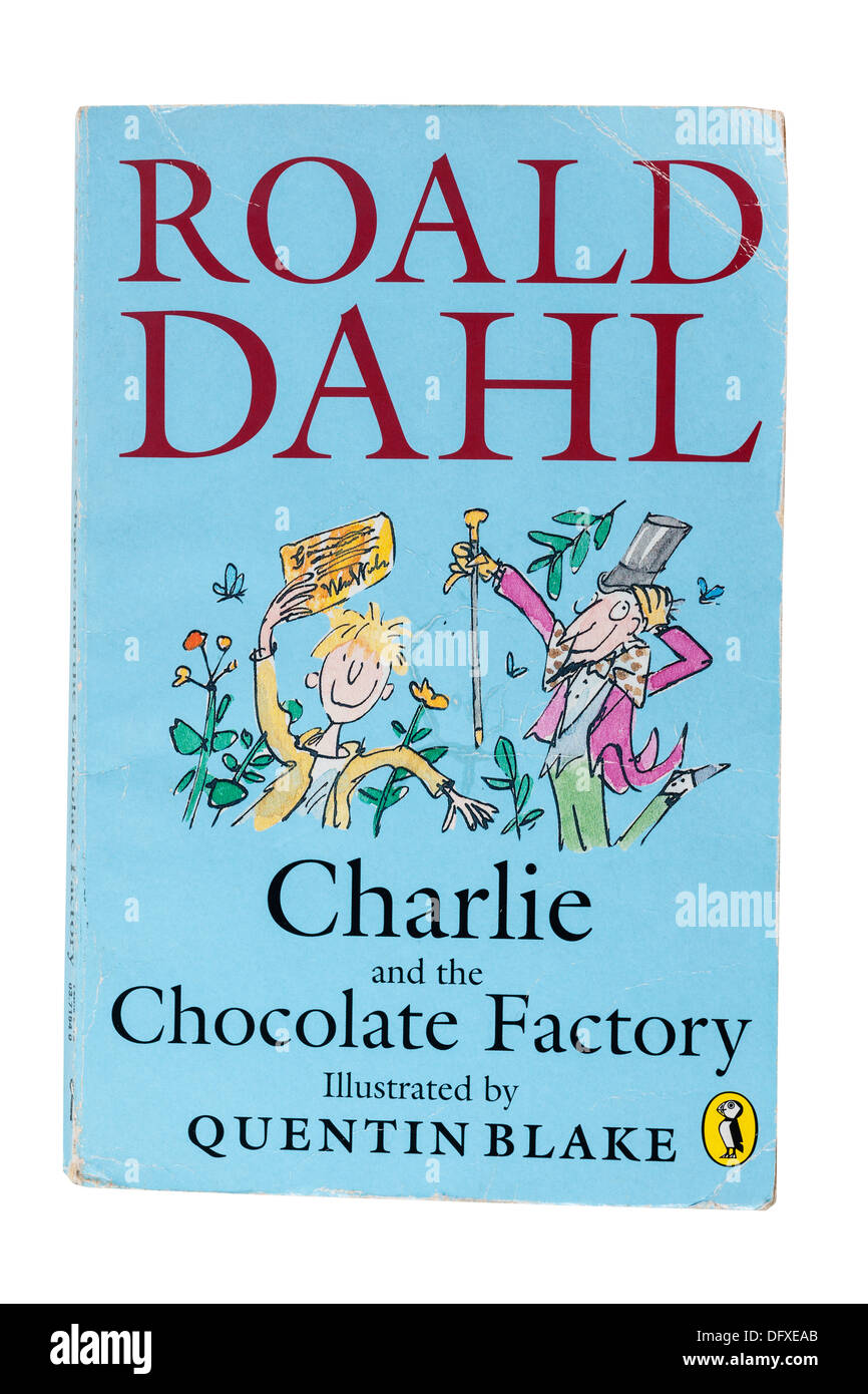 A Roald Dahl childrens book called Charlie and the Chocolate Factory on a white background Stock Photo