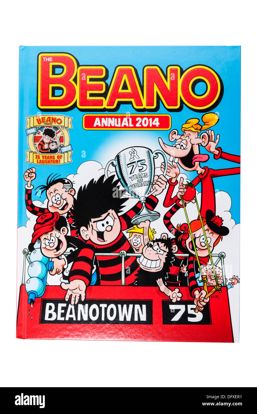 A childrens Beano Annual 2014 book on a white background Stock Photo