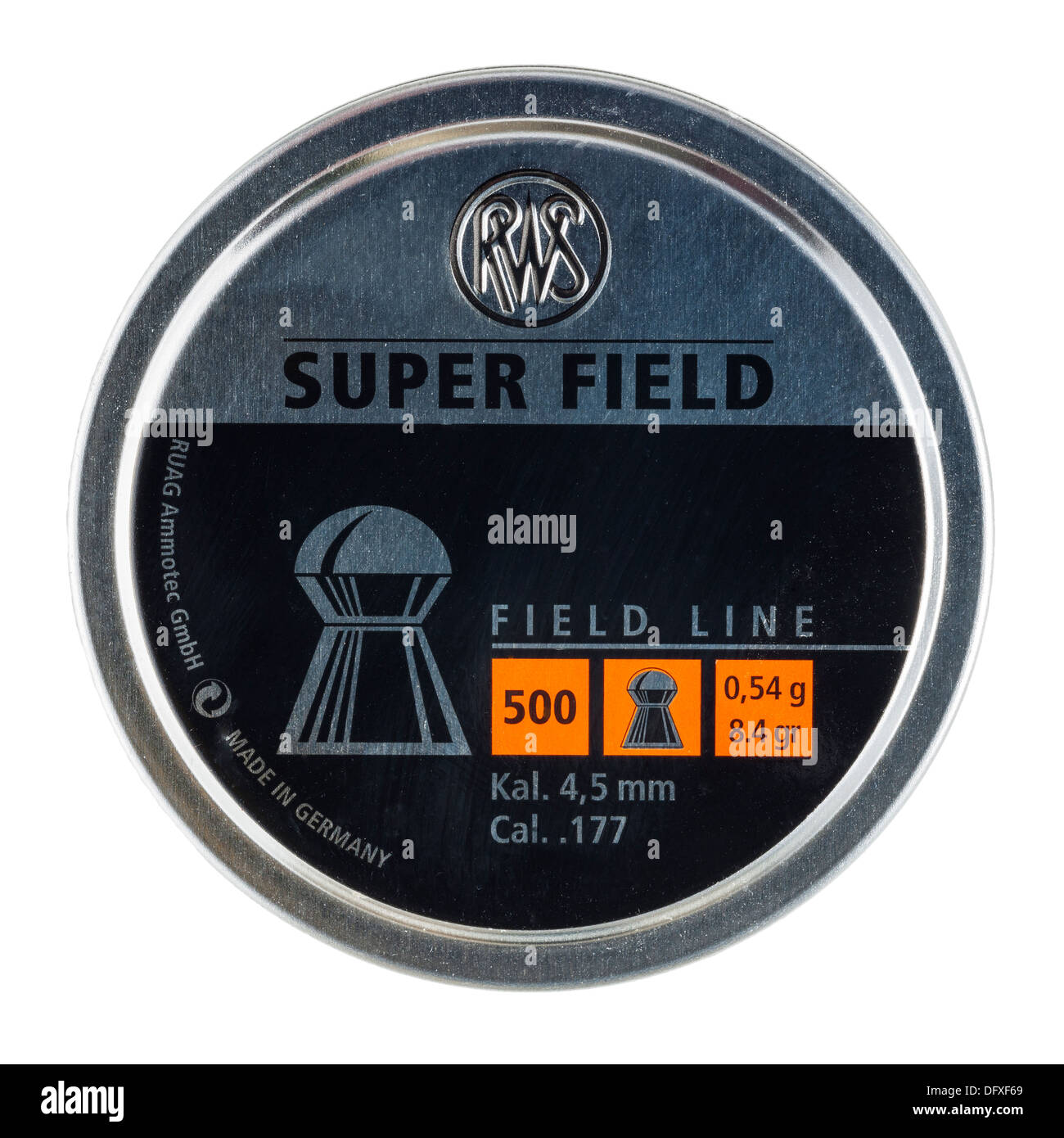 A tin of RWS Super Field .177 calibre airgun pellets on a white background Stock Photo
