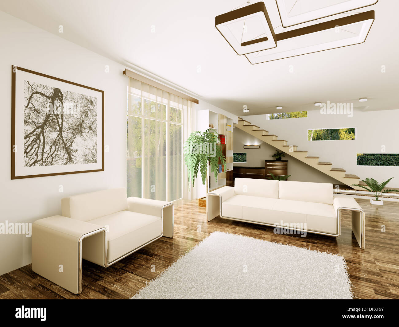 Interior of modern living room with staircase 3d render Stock Photo - Alamy