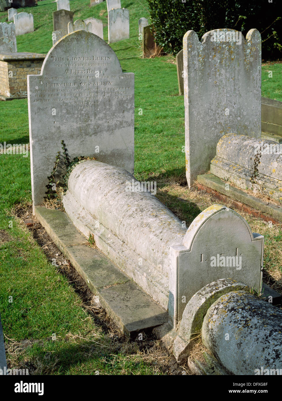 Grave in St Leonard's churchyard, Hythe, Kent, of Lionel Lukin (1742-1834) who patented an unsinkable lifeboat ('unimmergible boat') in 1785. Stock Photo