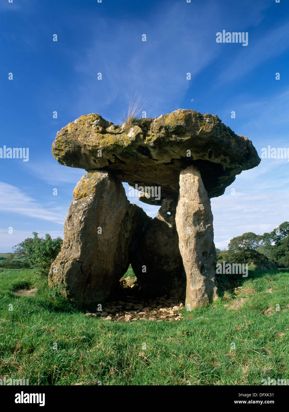 Looking west at the exposed limestone slabs of St Lythans Neolithic burial chamber, Vale of Glamorgan, Wales. Stock Photo