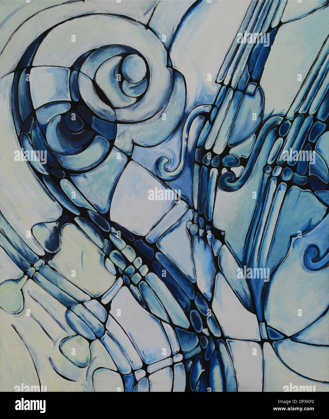 Abstract acrylic painting depicting string instruments like violoncellos or double basses. Stock Photo