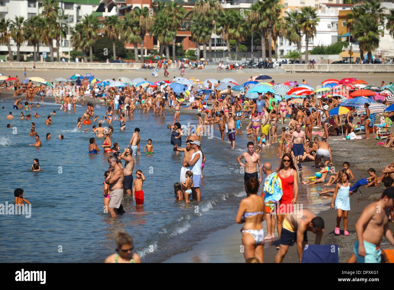 Beach in high season, La Malagueta. Costa del Sol, Malaga province