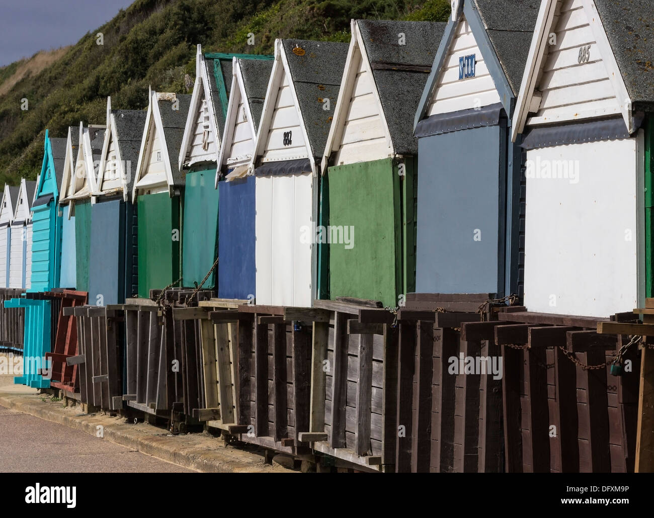 Boscombe  Beach Huts, closed, out-of-season,  Promenade, Dorset, England, UK. Stock Photo