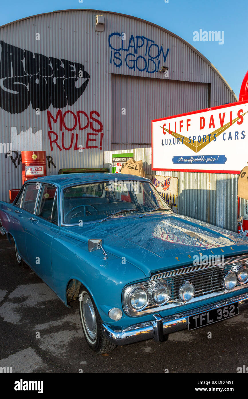 1964 Ford Zodiac MkIII on a simulated 1960's garage forecourt at the 2013 Goodwood Revival, Sussex, UK. Stock Photo