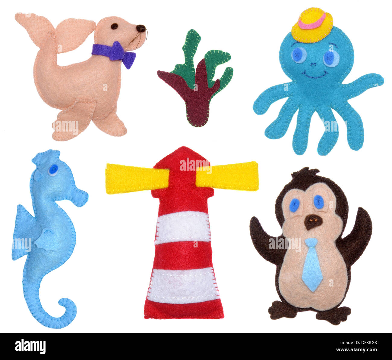 Penguin, octopus, seahorse, sea calf and lighthouse - kids toys Stock Photo