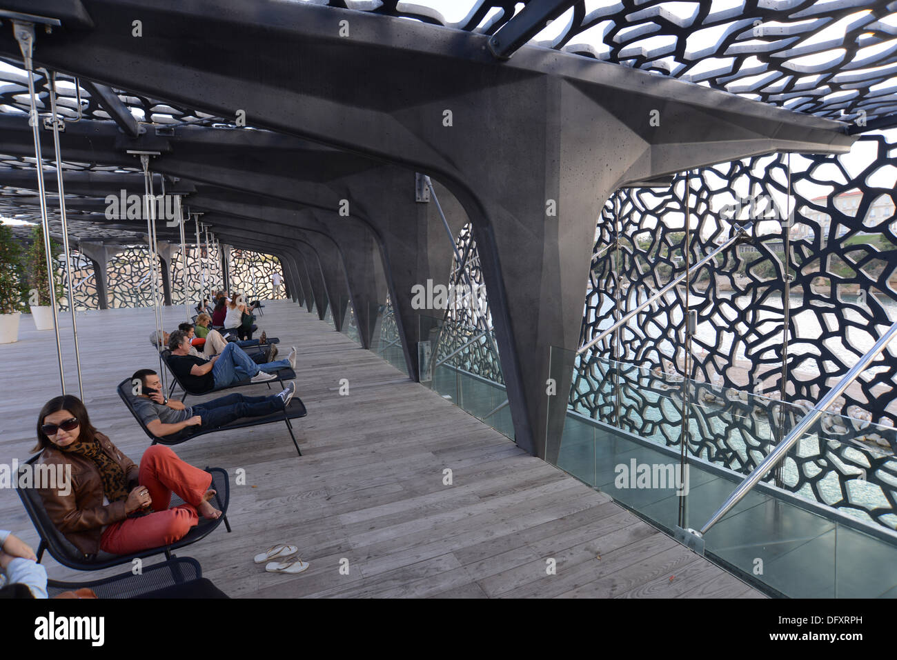 Visitors inside MuCEM, a museum dedicated to European and Mediterranean civilisation in Marseille, France. Stock Photo