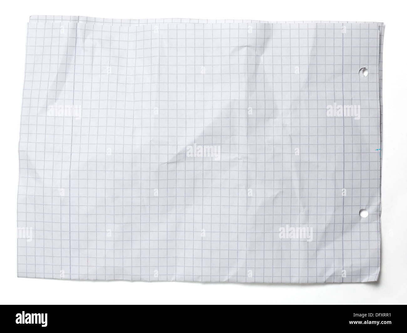 Crumpled squared sheet of paper isolated on white. Stock Photo