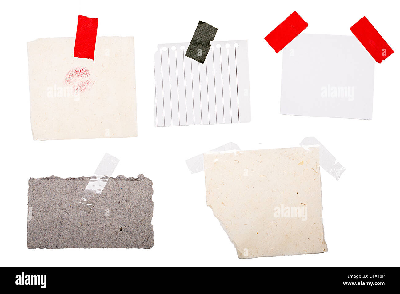 collection of various vintage note papers on white background. Stock Photo