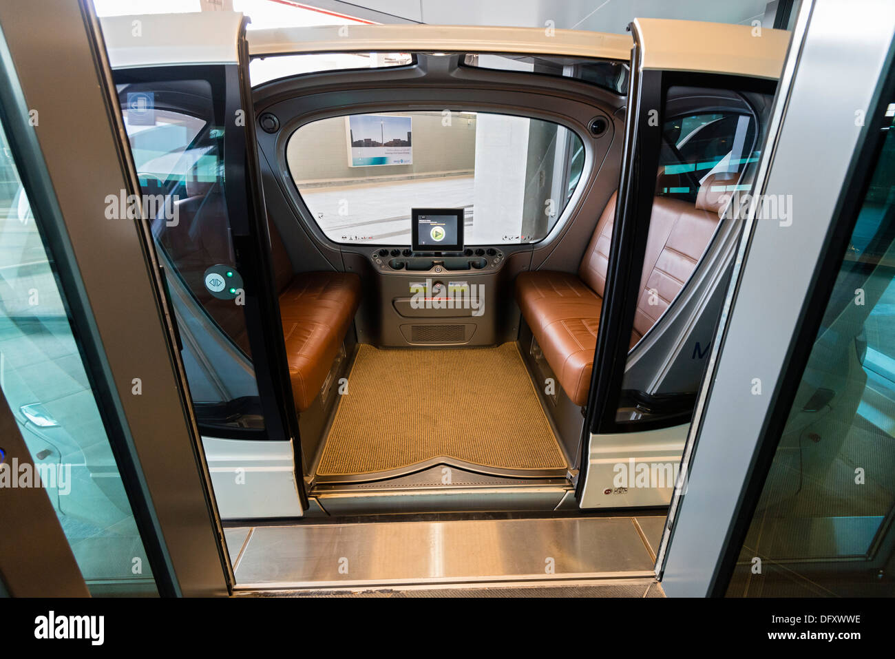 Personal Rapid Transport (PRT) cars at Institute of Science and Technology at Masdar City in Abu Dhabi United Arab Emirates Stock Photo