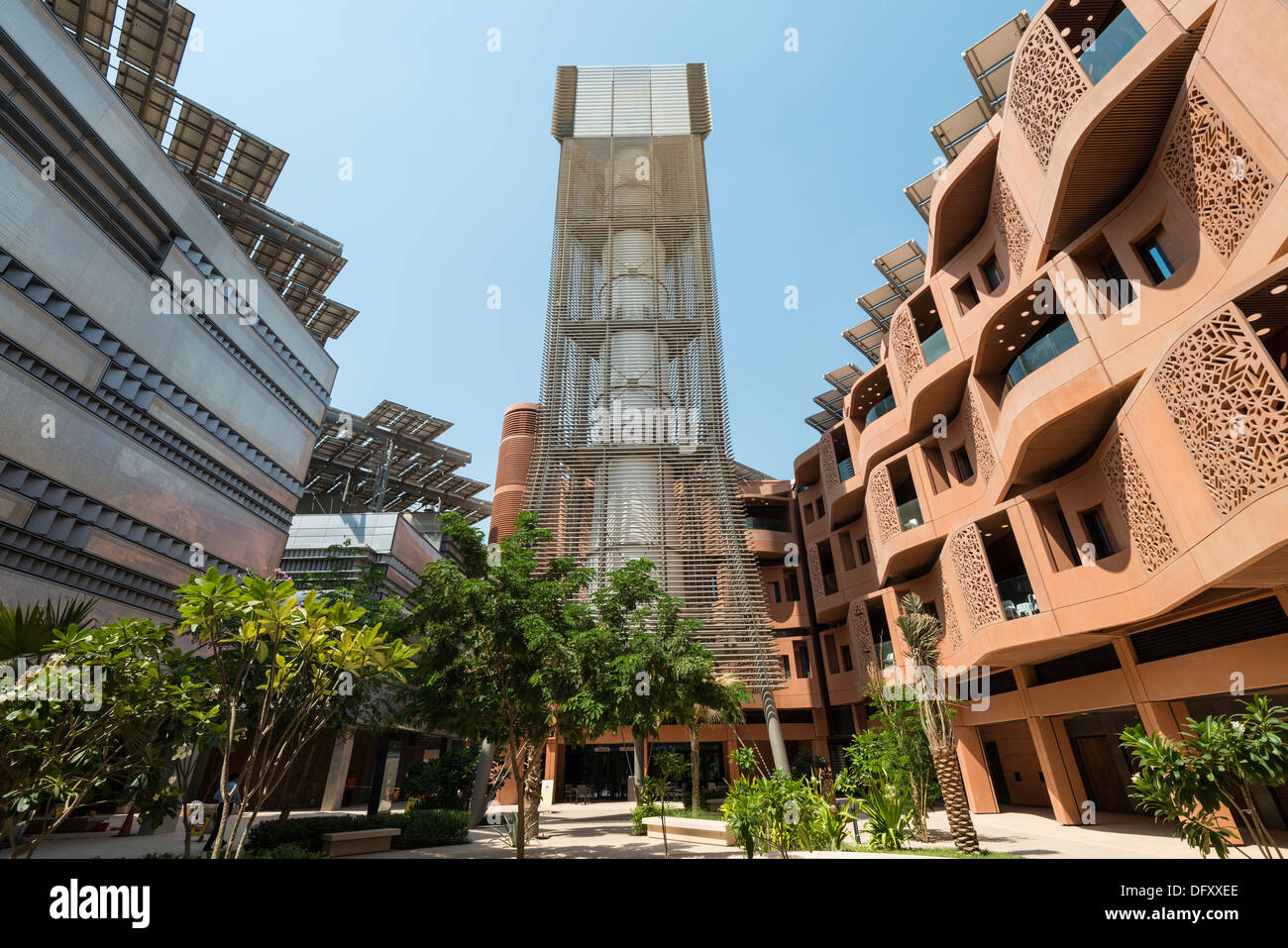 Wind tower providing cool air to courtyard at Institute of Science and Technology at Masdar City Abu Dhabi United Arab Emirates Stock Photo