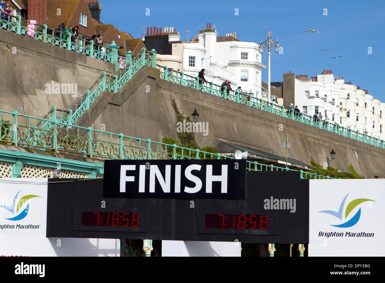 Finish line and finishing time at the Brighton Marathon. Stock Photo