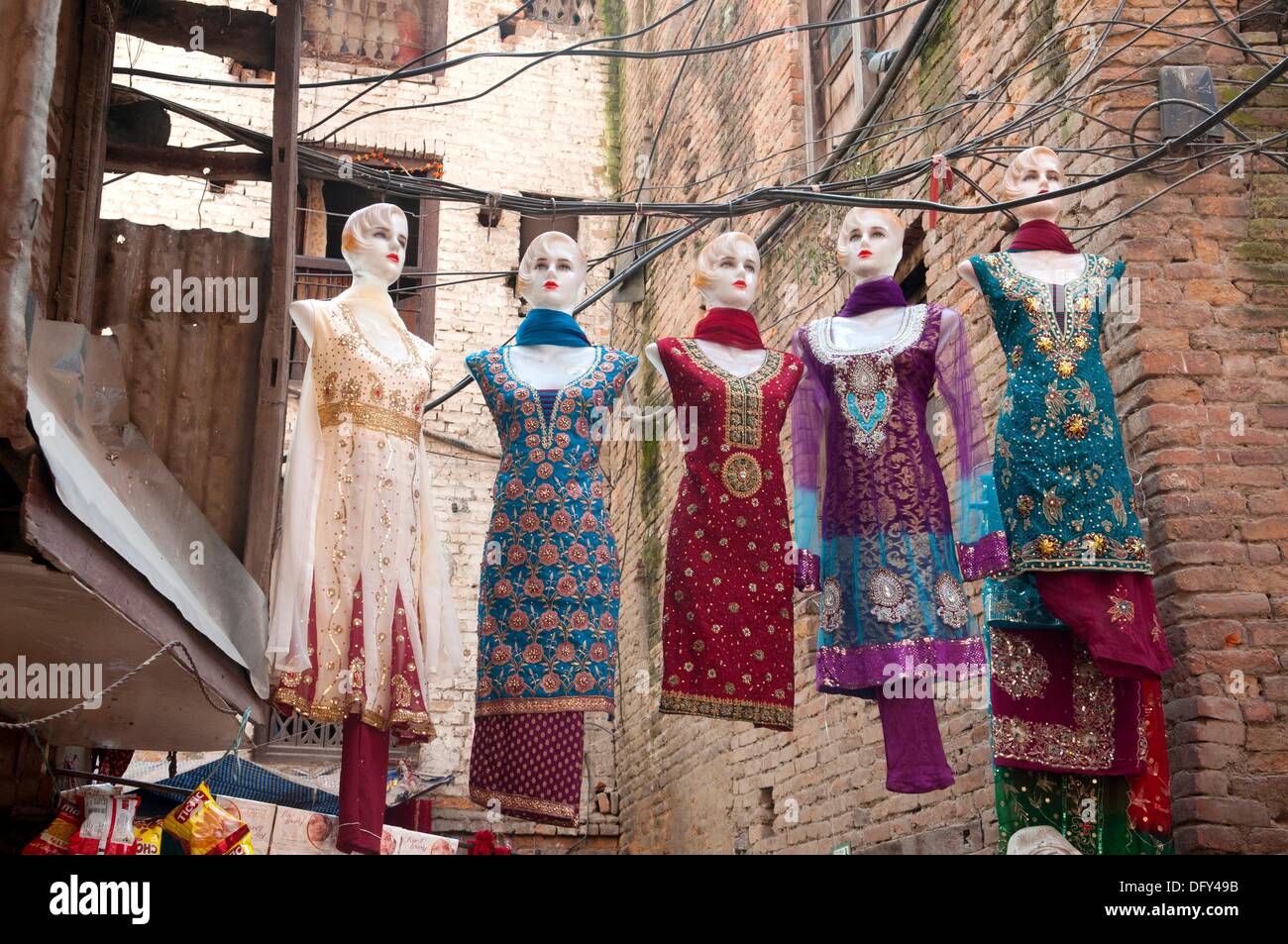 saree clad mannequins outside a shop in Kathmandu, Nepal Stock Photo