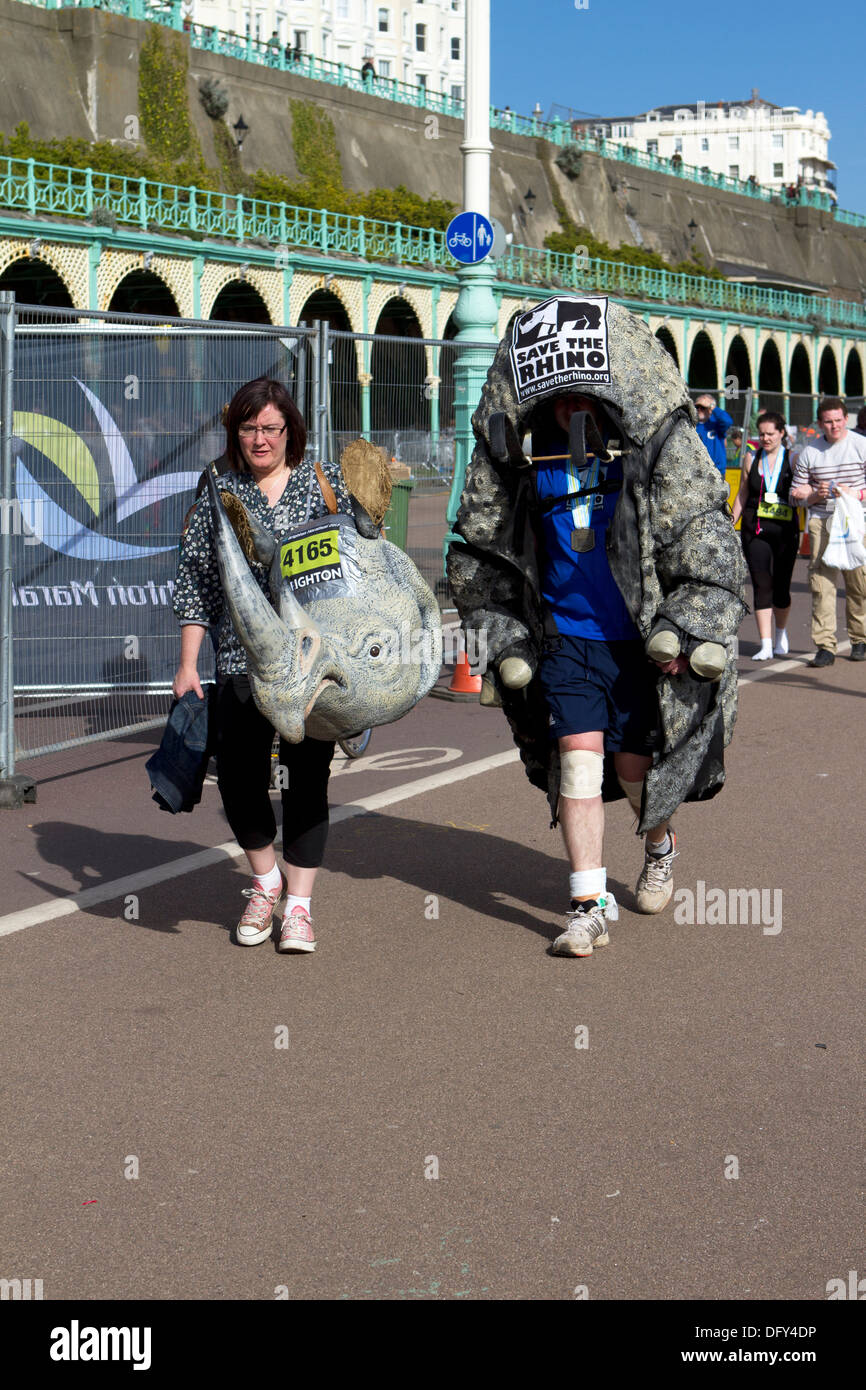Marathon finisher in Save the Rhino costume, Brighton. Stock Photo