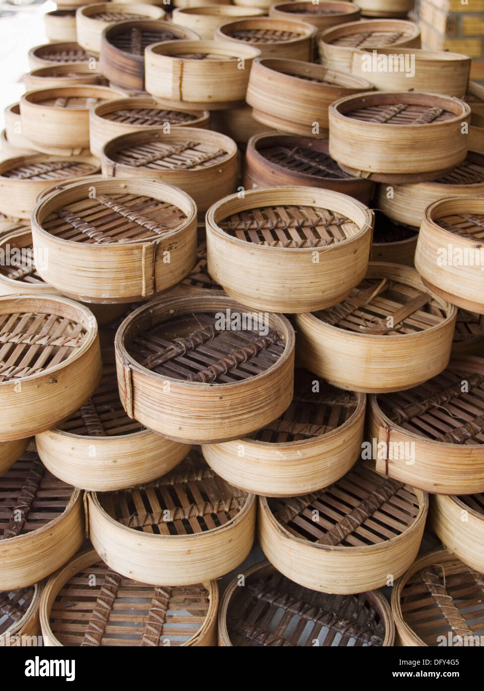 Bamboo dim sum steamers in Chinese restaurant, Hat Yai, Thailand Stock