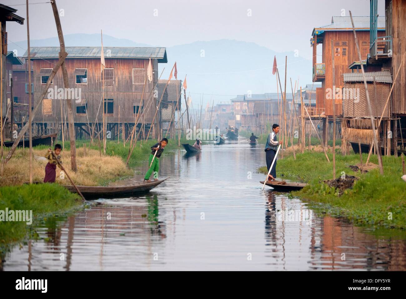 Life stile in one of the villages along Inle Lake. Stock Photo