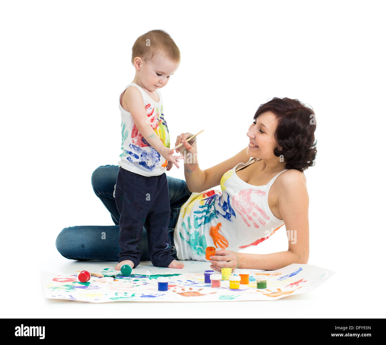 mother with kid boy drawing and painting together Stock Photo