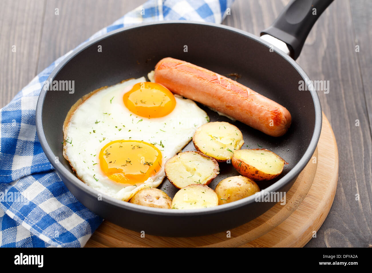 Breakfast with eggs, sausage and potato Stock Photo