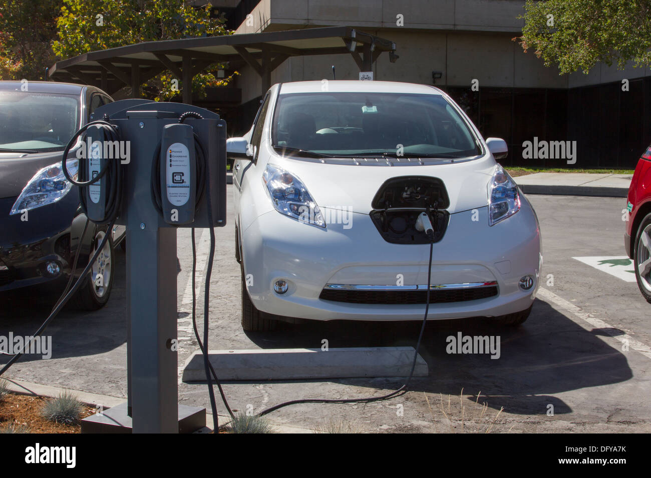 Plug-in electric cars plugged into an EV charging station to charge their batteries in a workplace parking lot Stock Photo