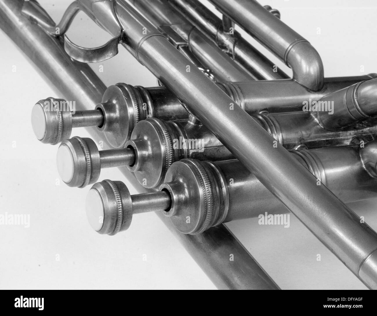 The valves and tubes of a vintage brass trumpet Stock Photo