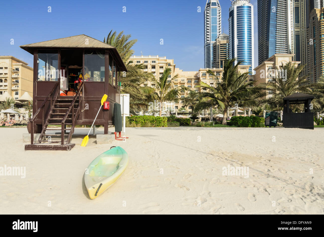 Lifesaver cabin on the beach of The Westin Dubai Mina Seyahi Beach Resort Hotel, Dubai Stock Photo