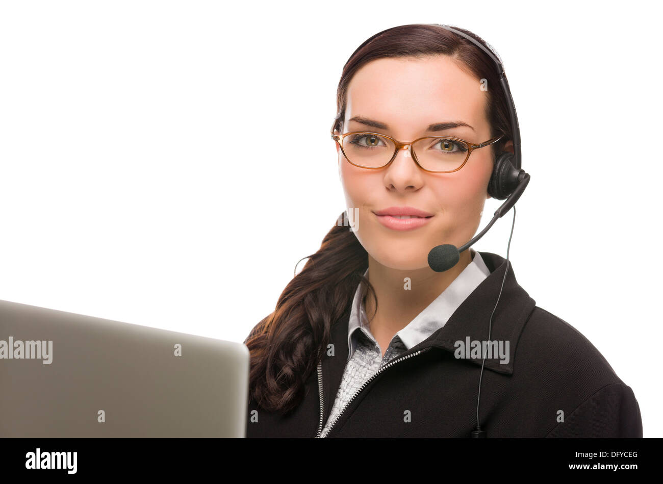 Helpful Mixed Race Receptionist In Front of Computer Wearing Phone Head ...