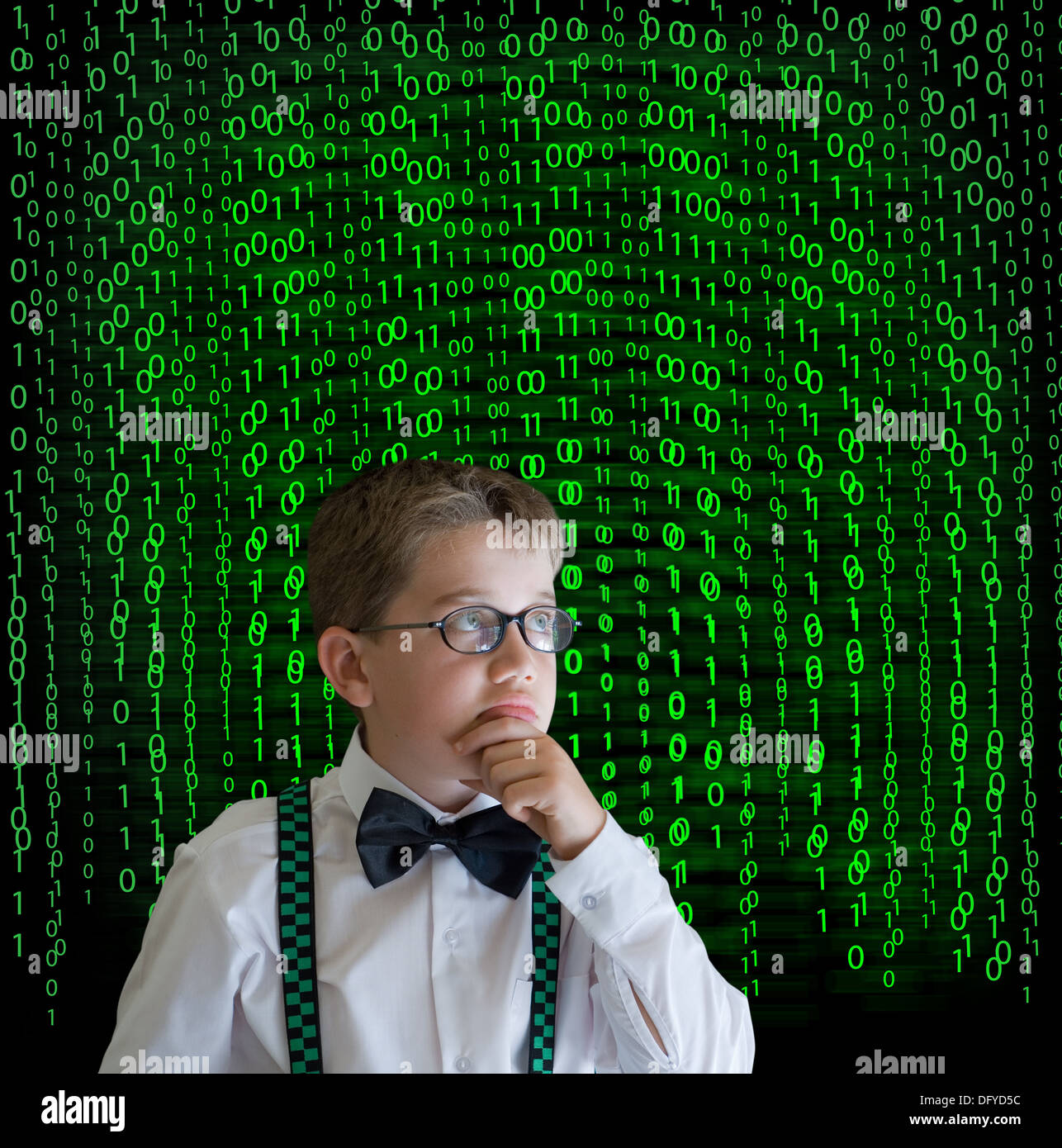 Boy, businessman, student or teacher with binary on blackboard ...