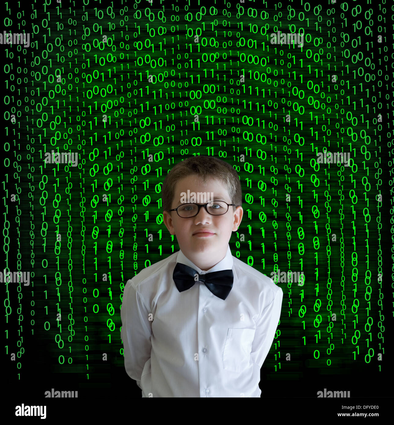 Boy, businessman, student or teacher with binary on blackboard ...