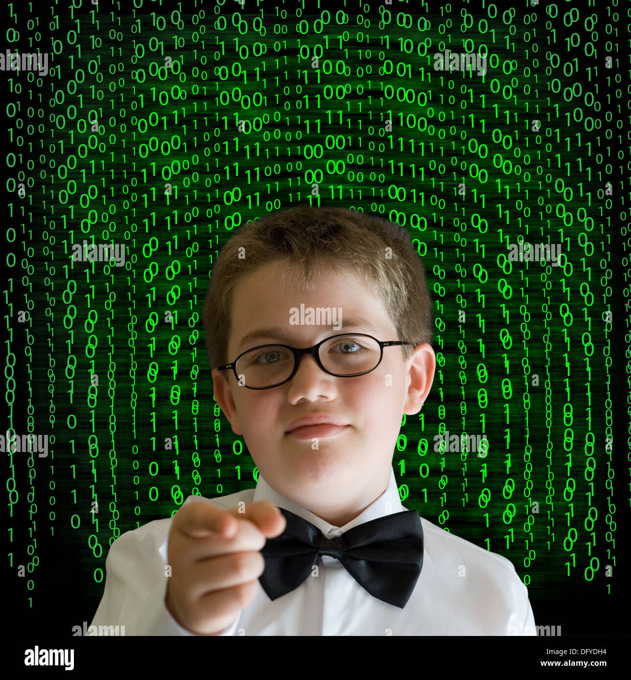 Boy, businessman, student or teacher with binary on blackboard ...