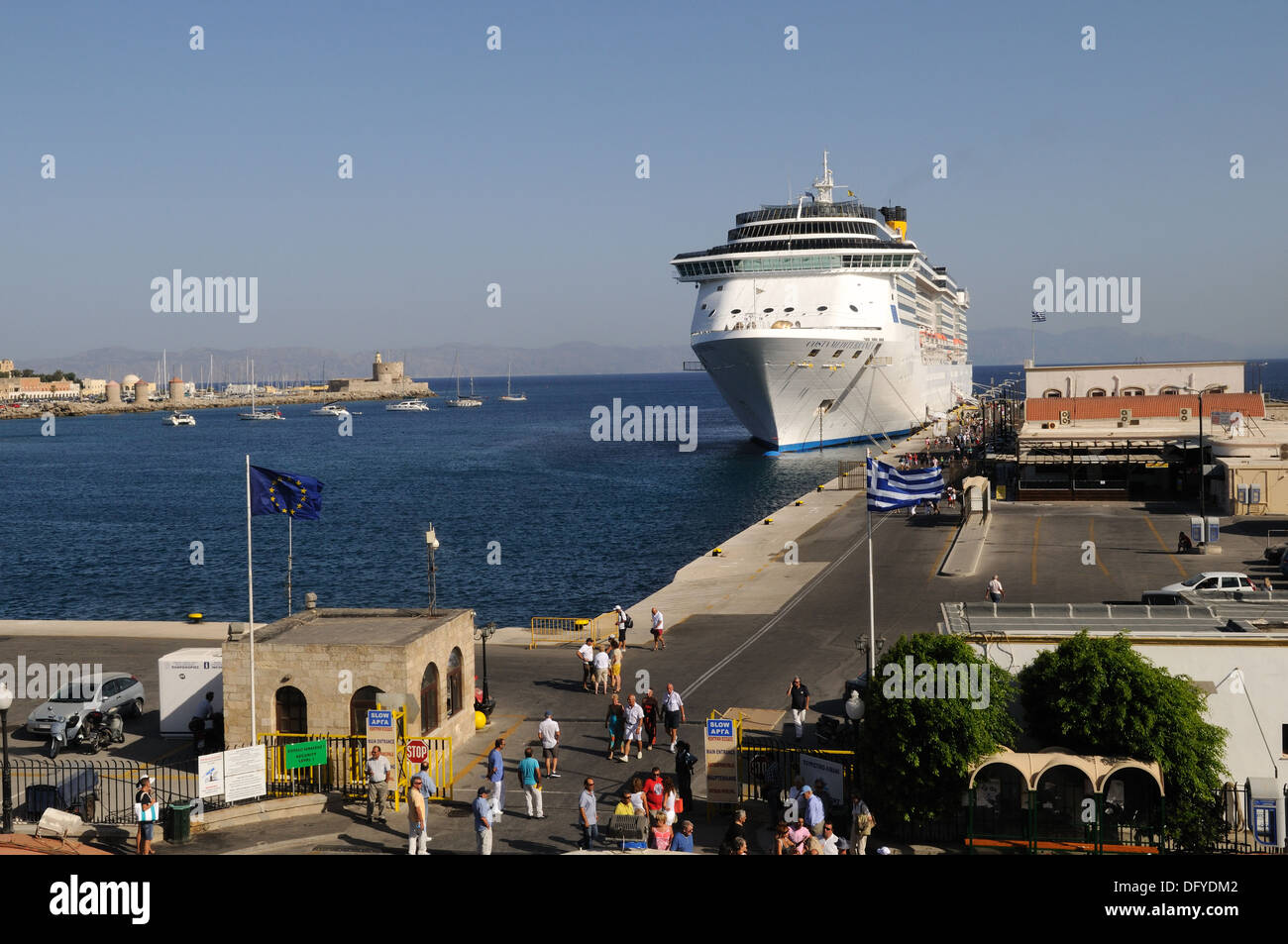 Cruise ship moored berthed in Rhodes Port  harbour harbor Greece Stock Photo