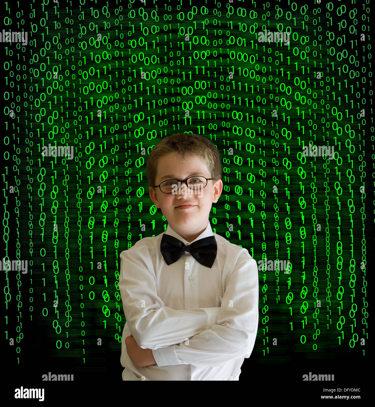 Boy, businessman, student or teacher with binary on blackboard ...