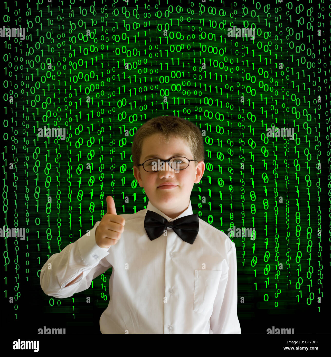 Boy, businessman, student or teacher with binary on blackboard ...
