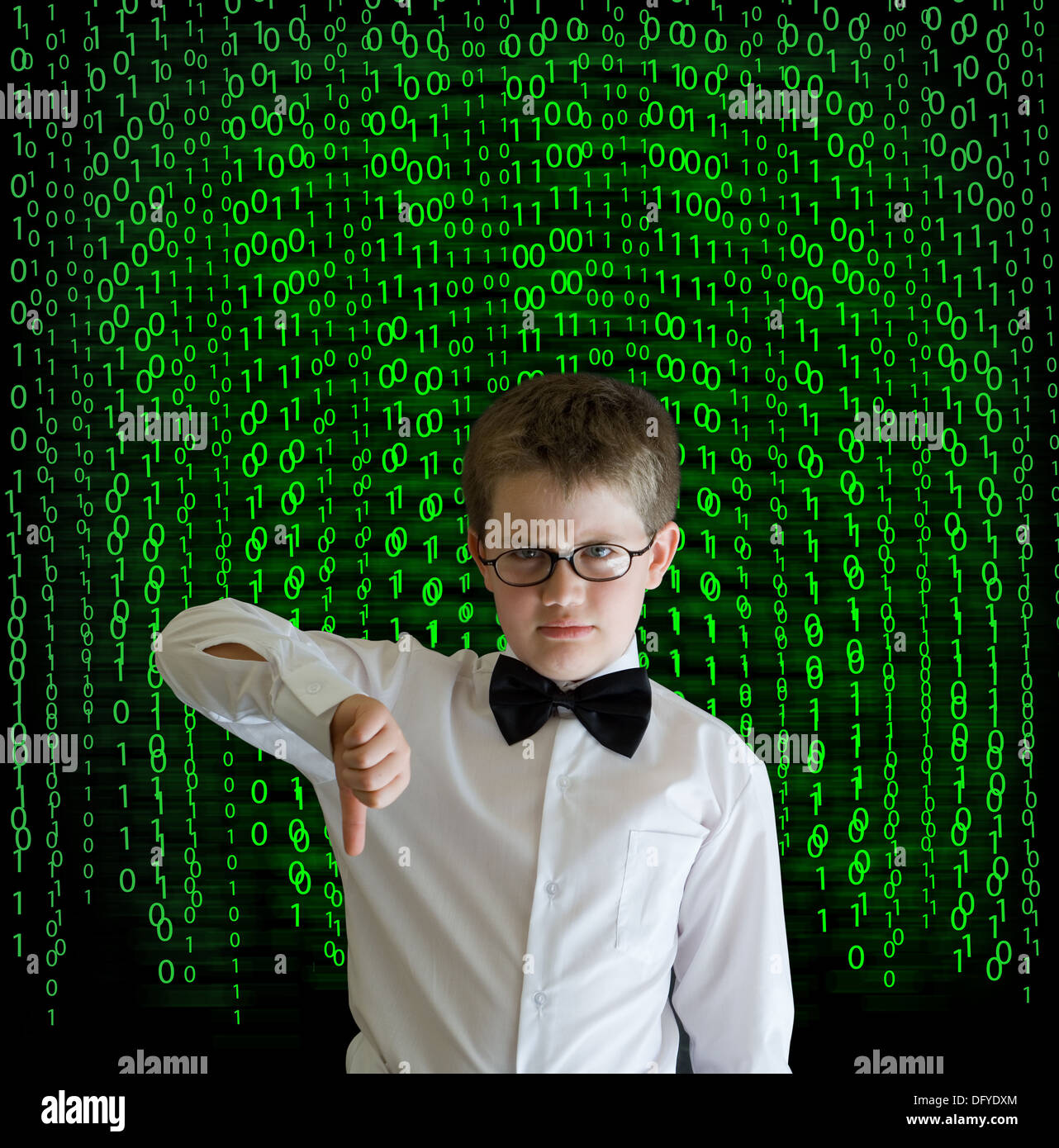 Boy, businessman, student or teacher with binary on blackboard ...