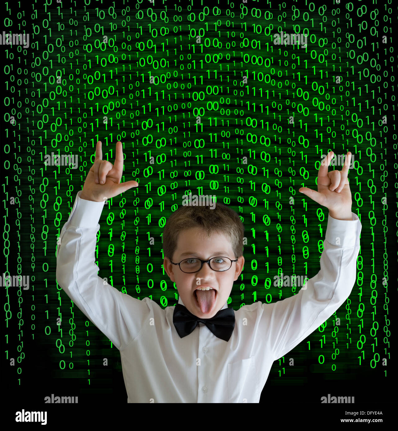 Boy, businessman, student or teacher with binary on blackboard ...