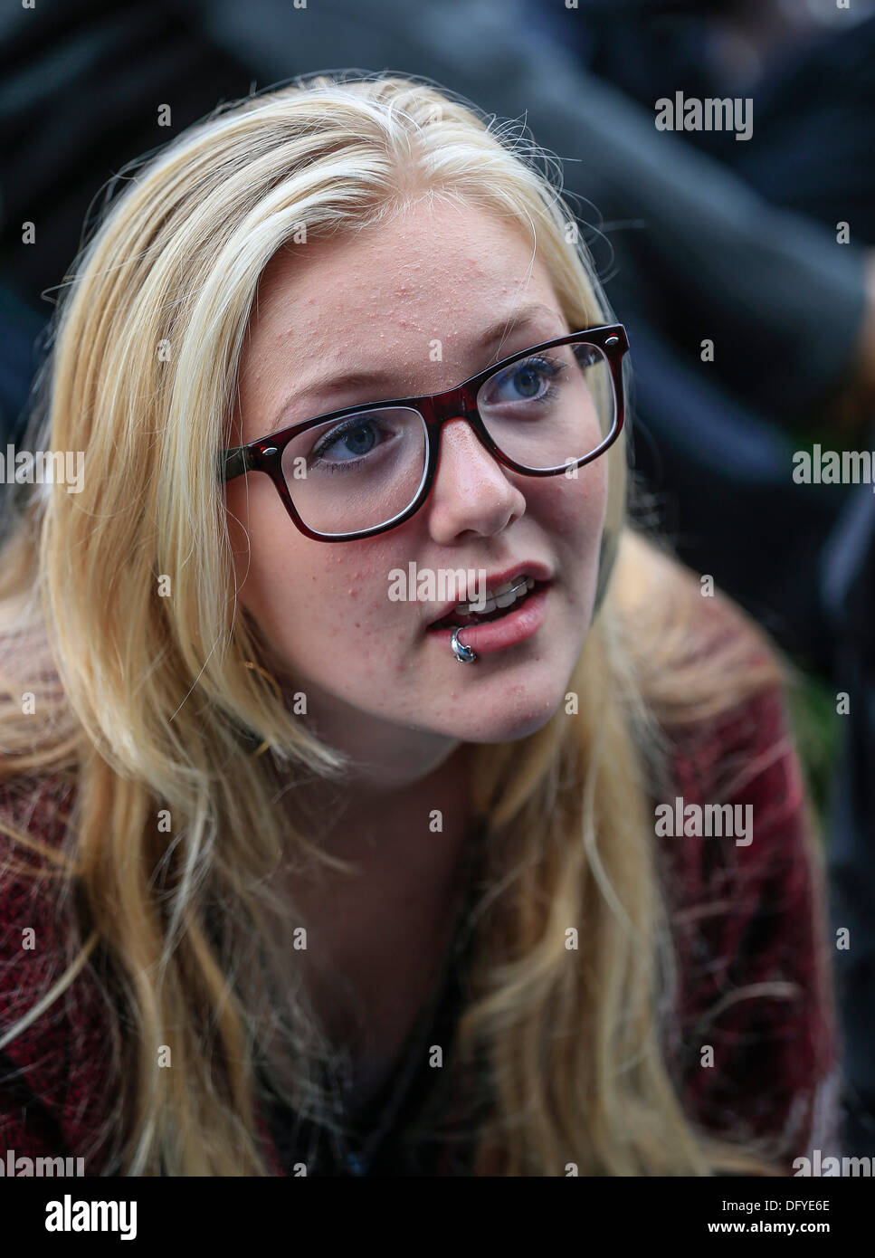 Teenager with lip piercing at a concert in the park, 'Of Monsters and Men', Reykjavik, Iceland Stock Photo
