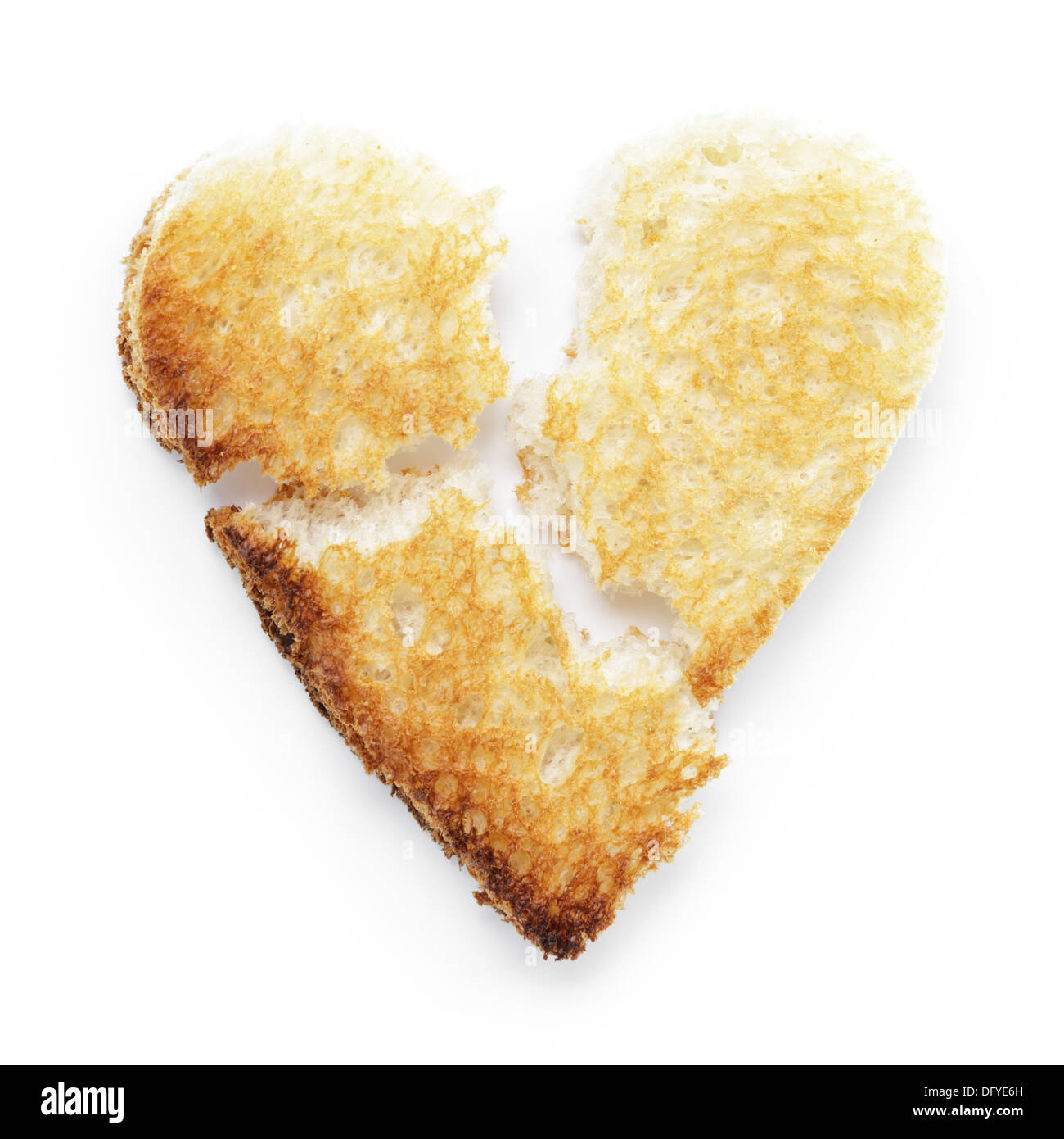 toasted slice of white bread heart shape, on white background with