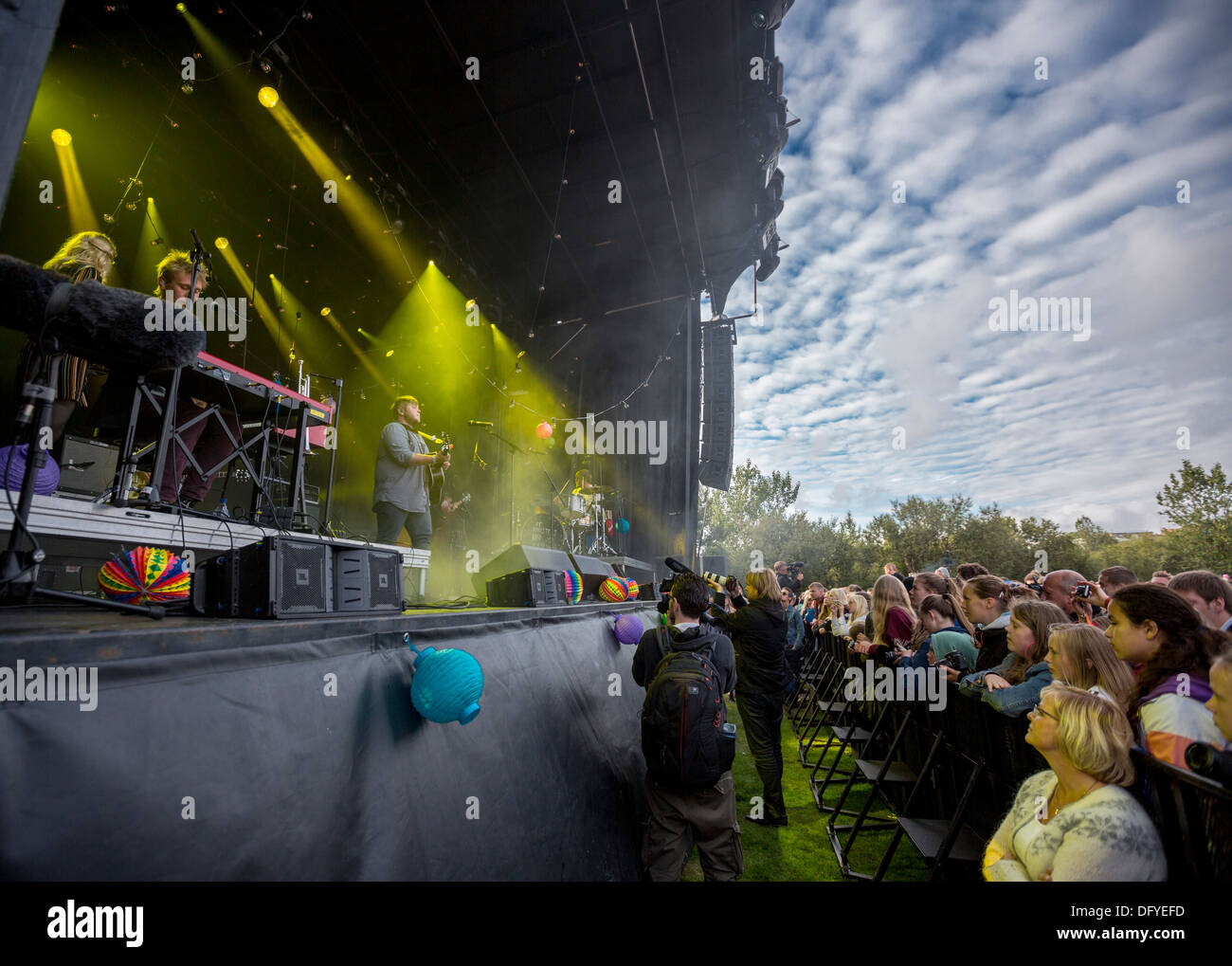 Concert in the park, "Of Monsters and Men" performing on stage, Reykjavik, Iceland Stock Photo